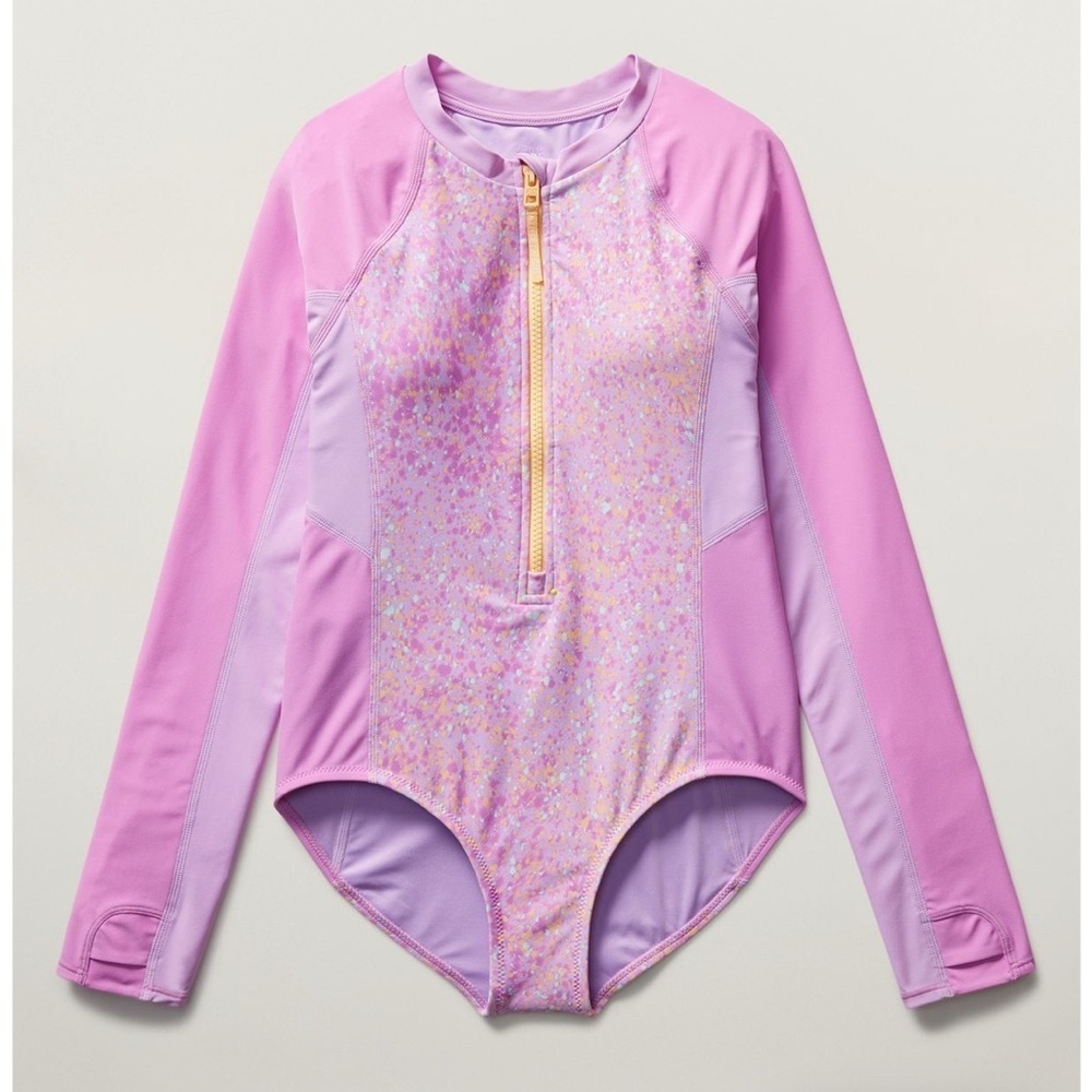 NWT Athleta Girl Rashguard One Piece Sun Spray Lilac Swimsuit Size XL/14